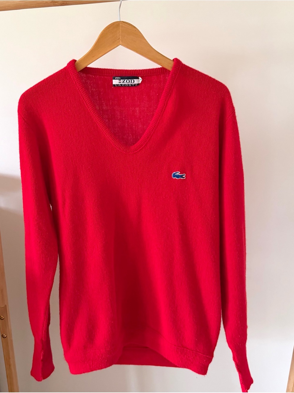 Vintage 80’s Lacoste V-neck Embroidered Logo Sweater in Cherry Red - Picture 2 of 4